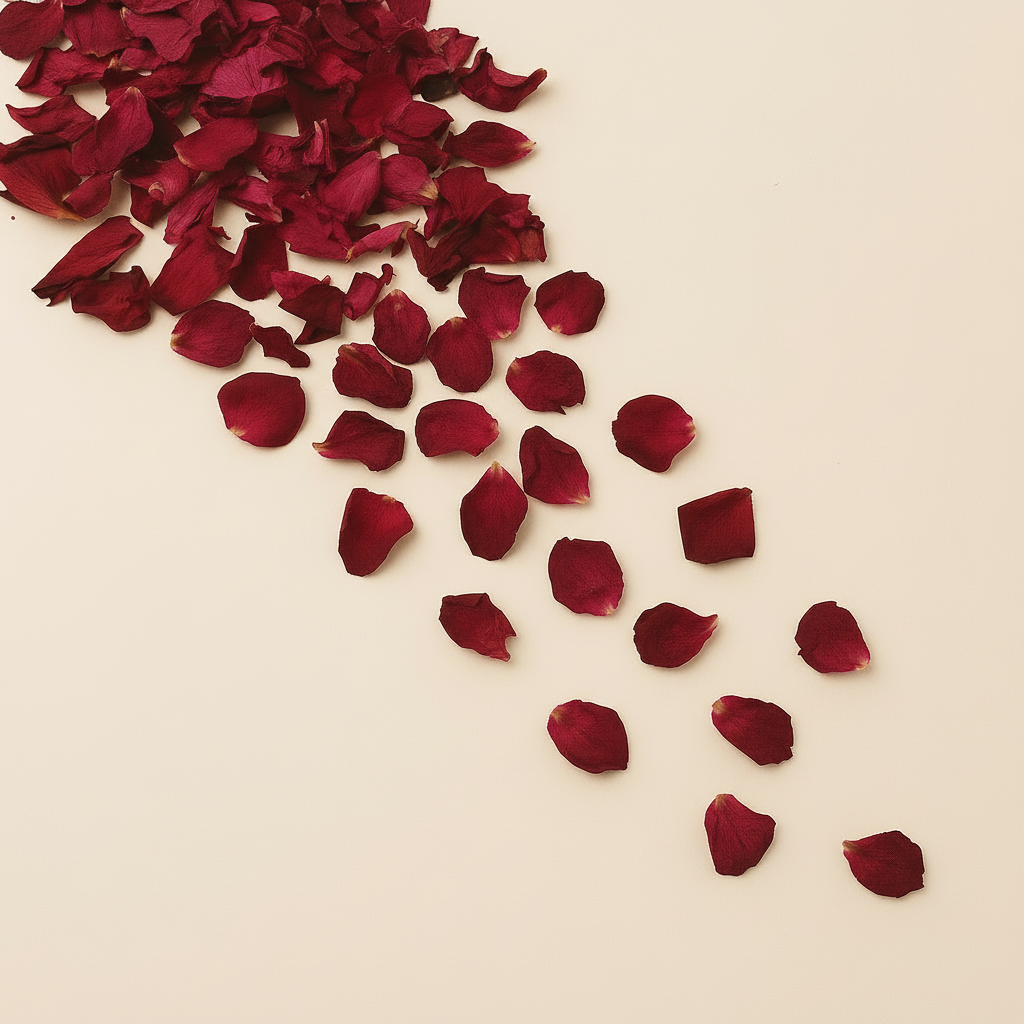 Red rose petals scattered on a beige background