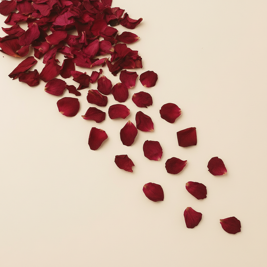 Red rose petals scattered on a beige background