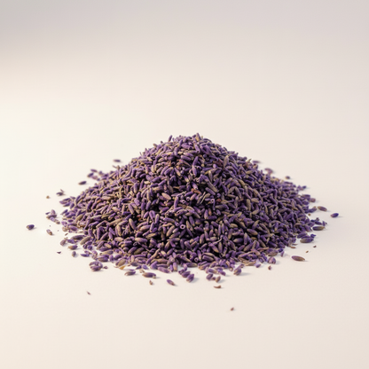 Pile of dried lavender flowers on a light beige background