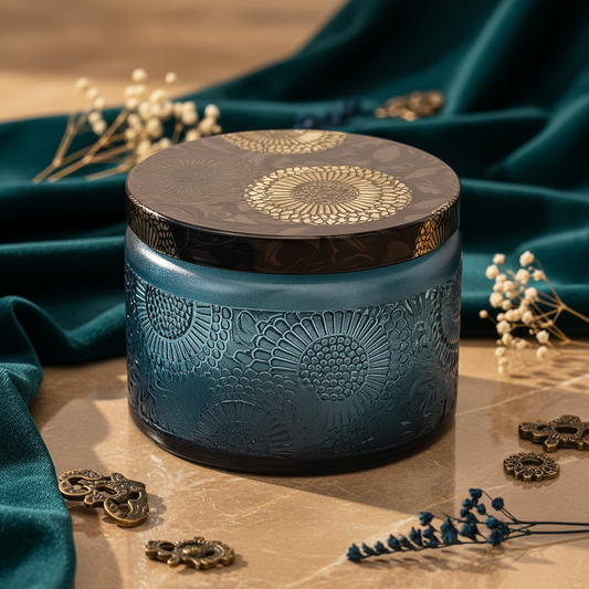 Embossed Gray Glass Candle Jar | Vintage Charm & Textured Design